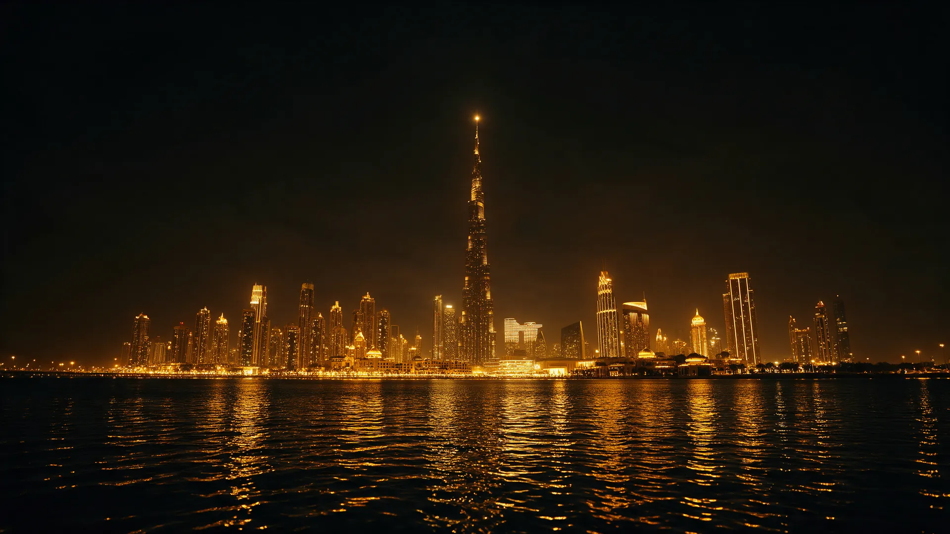 Skyline de Dubái de noche con luces doradas reflejadas en el agua